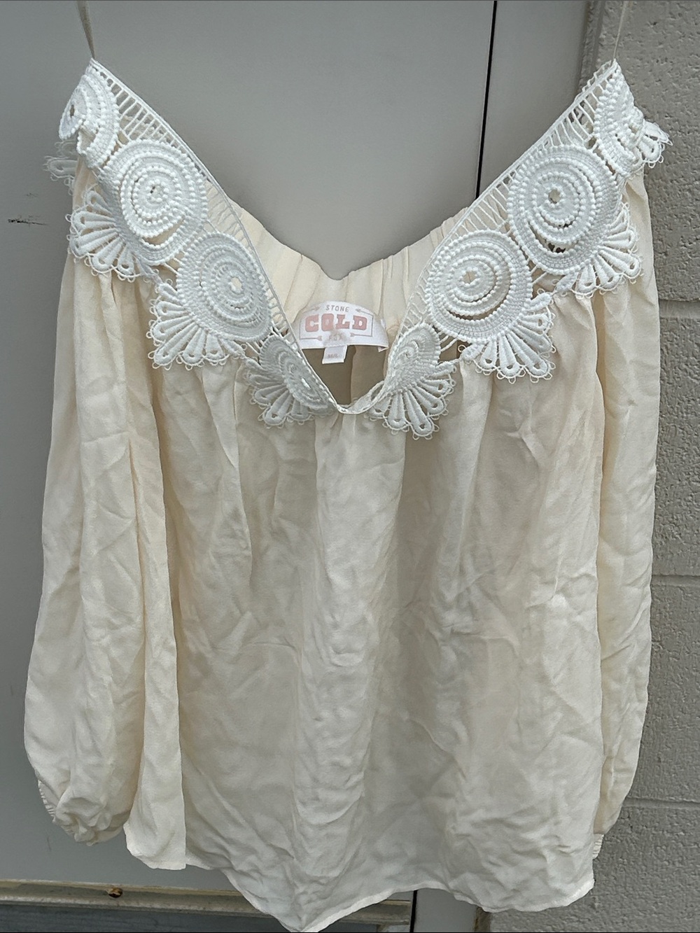 Stone Cold Fox Cream Off-Shoulder Crochet Trim Blouse 100% Silk